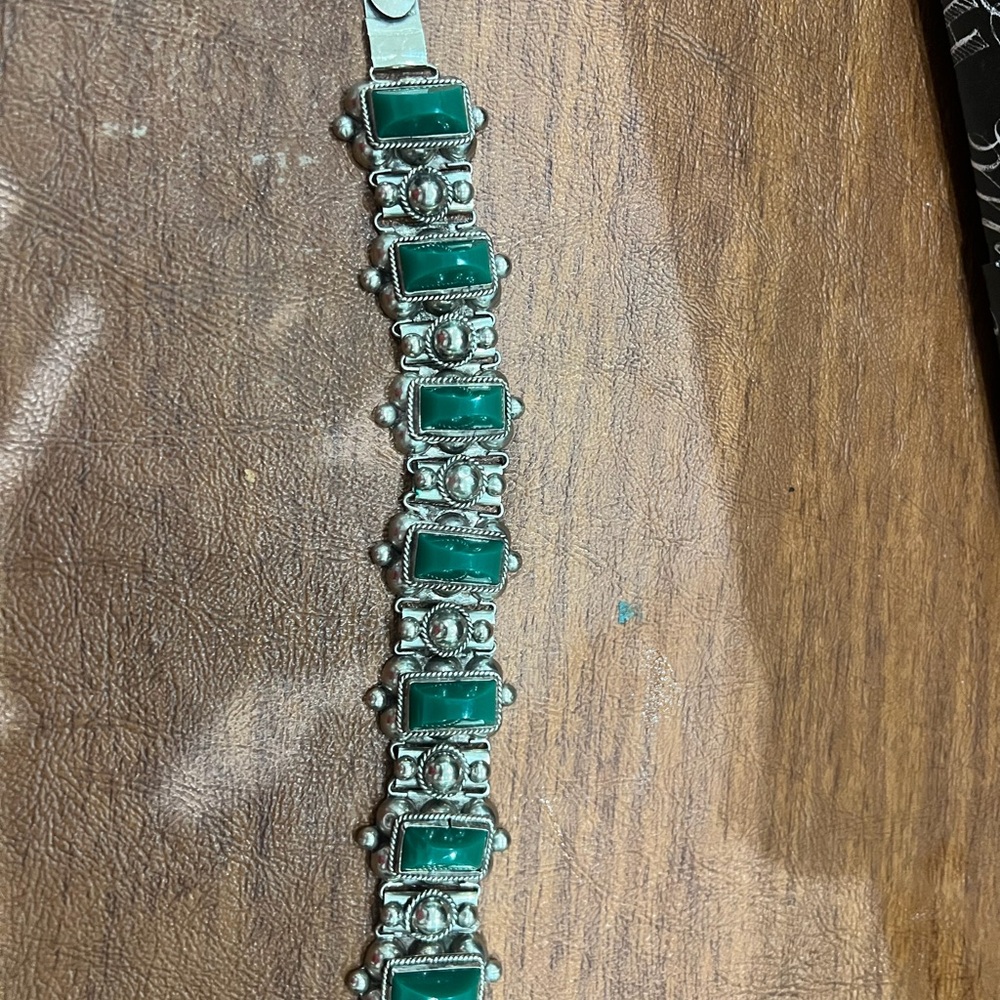 Vintage 1940’s Aztec Mexican Silver and Green Onyx Bracelet